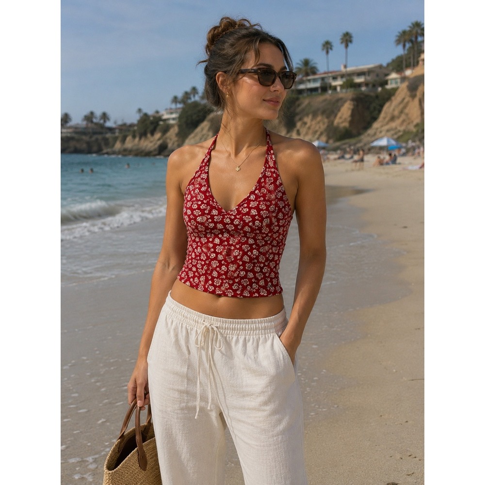 Hollister Halter Top Red Floral V-Neck Crop Cami XS Must-Have‎ Collection